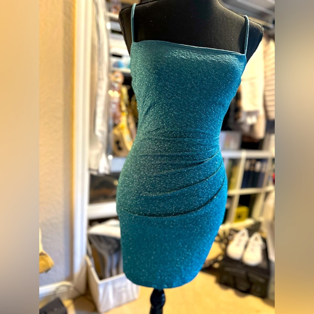 Windsor teal glitter ruched mini SZ S